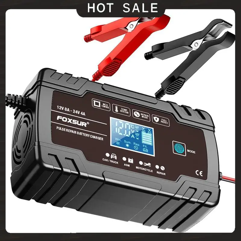 24-Hour Delivery FOXSUR 12V24V Fully Automatic Smart Charger 8A High Power Portable Car Motorcycle Battery Charger For Battery C