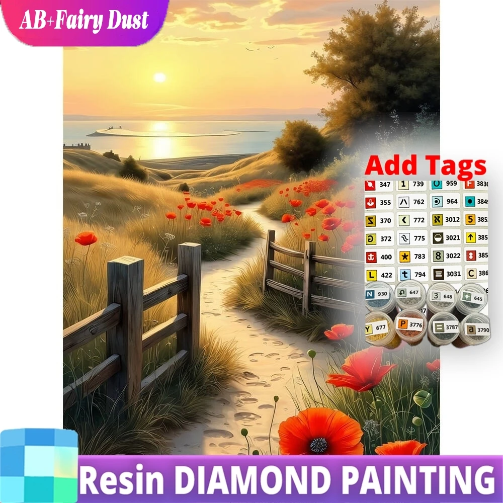 

Resin AB Fairy Dust Diamond Painting Street Landscape Cross Stitch Kits Art Sunset Mosaic Poppy Flower DIY Home Decor