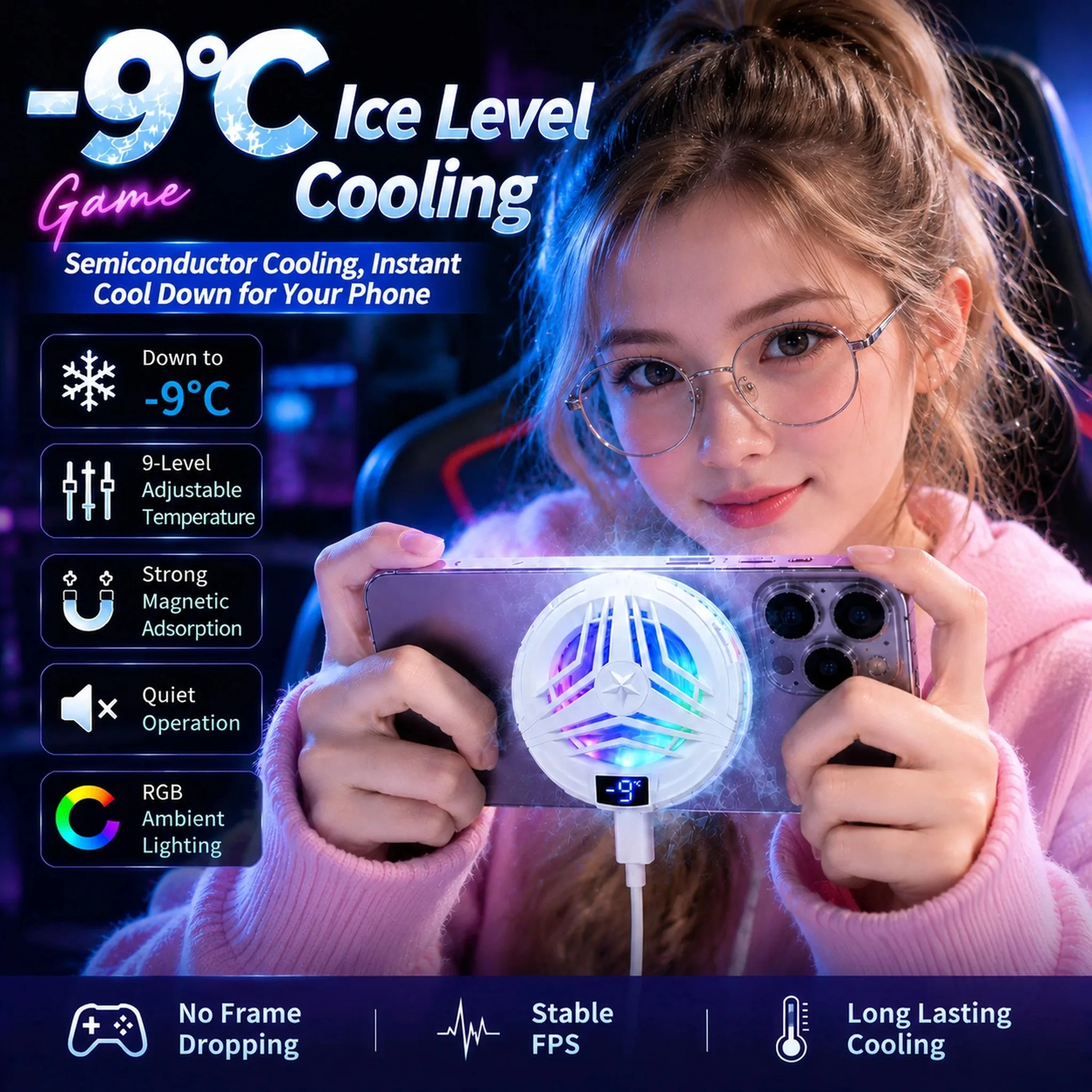 rexi Phone Cooler Semiconductor Climatiseur Mobile Powerful Cooling Magnetic Clip 2in1 Digital Display for Gaming Live Broadcast