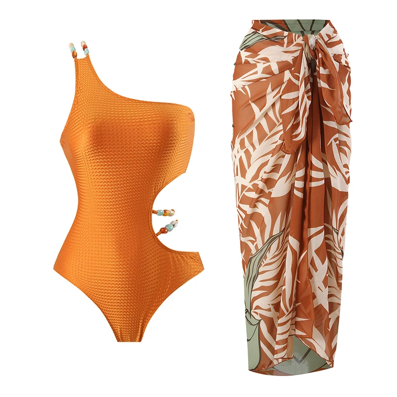 One-Shoulder Bathing Suit Women Beading Decor Hollow Out Bodysuit Chiffon Print Skirt Summer 2026 New Hot Spring Swimwear