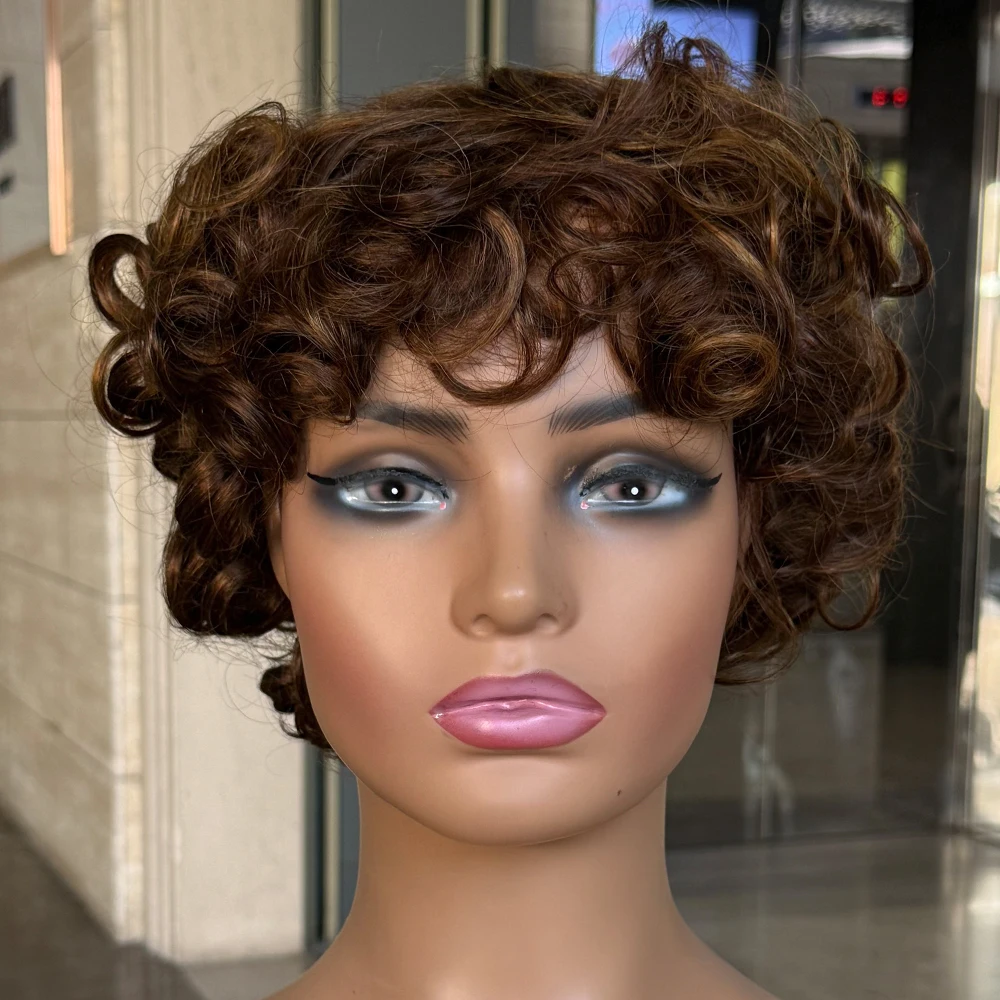 كامل آلة صنع فضفاض نطاط شعر بشري قصير الباروكات نطاط مجعد لا الدانتيل غلويليس الباروكات مع بانج عابث قطع بوب شعر مستعار للنساء