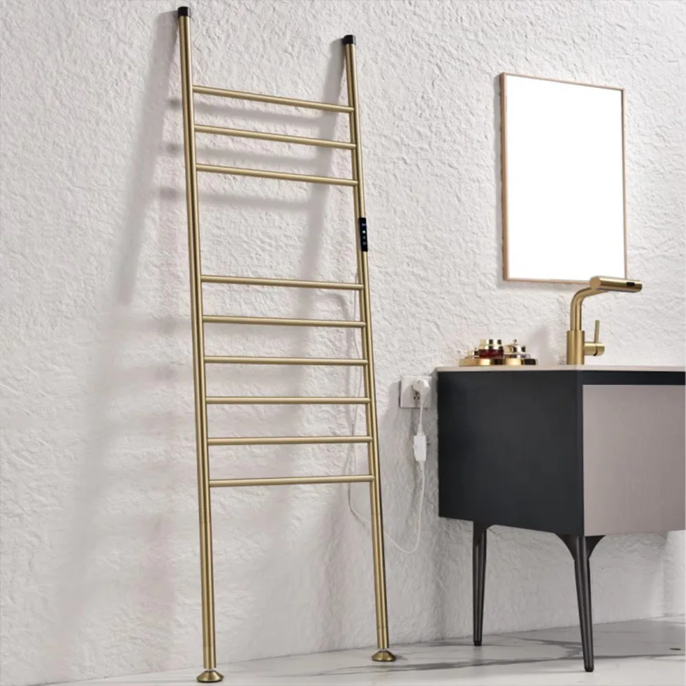 Free Standing Electric Towel Warmer 304 Stainless Steel Brushed Brass Gold with 9 Heated Rails Vertical Heated Towel Rack