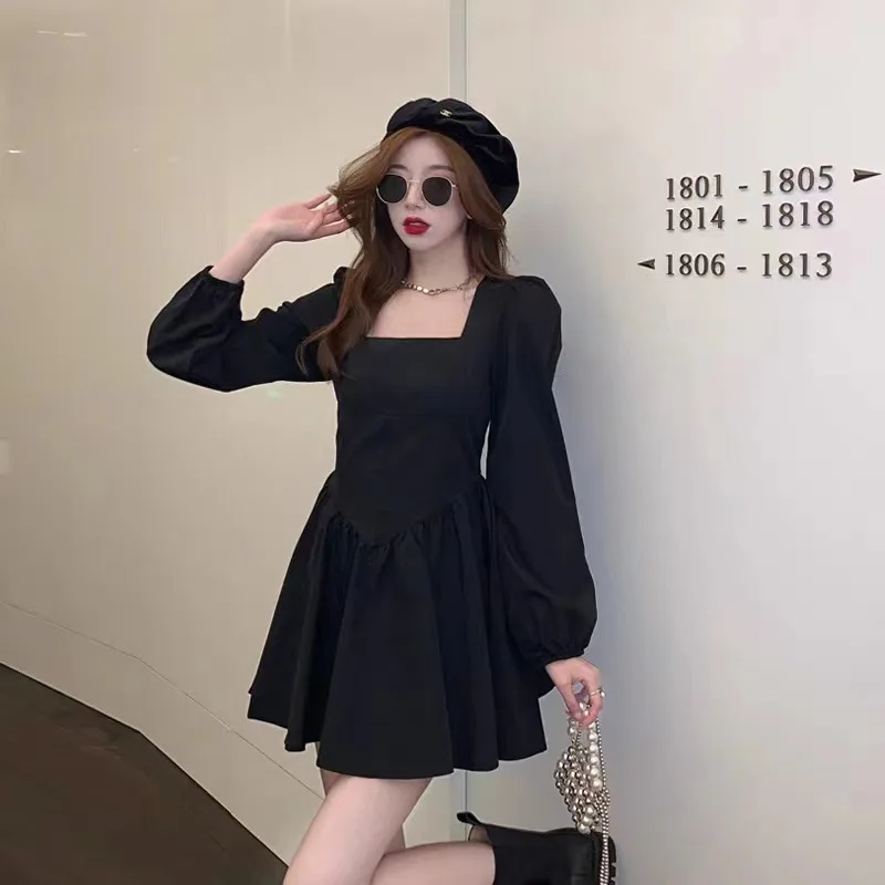 Black Puffy Mini Dress For Women French Style Square Collar Sweet Casual Ladies Solid Color Full Sleeve Vestidos Spring/Summer