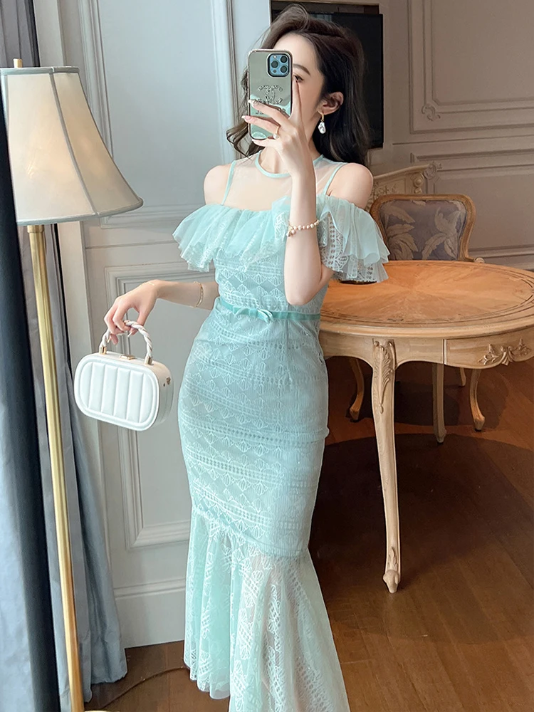 Fashion Summer Long Evening Dress Women Ladies Clothing Sexy Off-Shoulder Wrap Hip Midi Party Wedding Robe Mujer Vestidos Fiesta