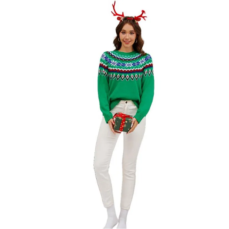 Trend Retro Contrasting Jacquard Pullover Knitted Sweater For Women With Lazy Style And Casual Long Sleeved Christmas Sweater