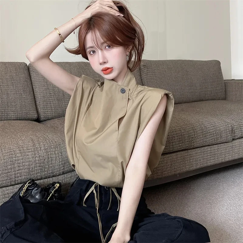 Harajuku Y2K Solid Vest Women Fashion Casual Sleeveless Summer Cropped Top Korean Lace Up Stand Chic Preppy Style Irregular Tank