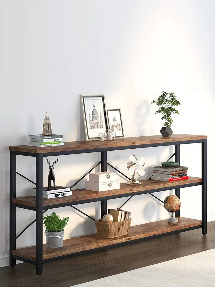 Iron art solid wood shelf, living room floor to ceiling bookshelf, TV cabinet, foyer table, storage and display