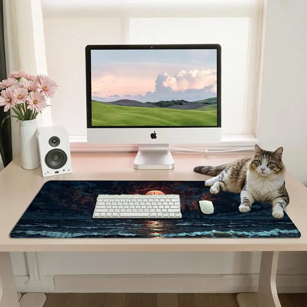 Dark Gothic Sea Castle Large Mouse Pad Full Moon Stormy Wave Ocean Night Sky  Desk Mat Fantasy Dark Scenery Gaming Keyboard