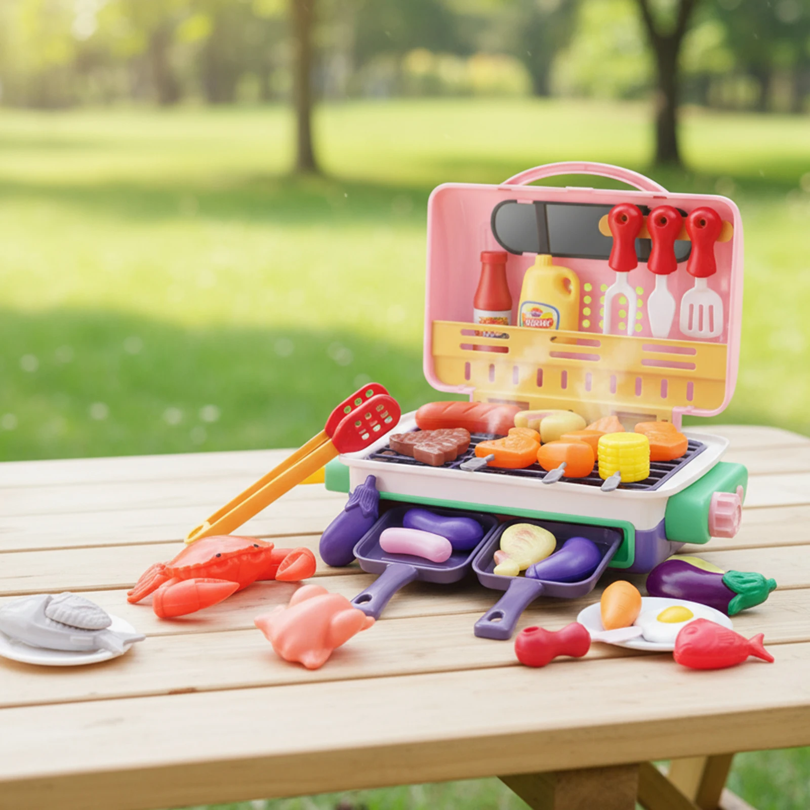 Crianças churrasco grill playset com fumaça som luz crianças jogar brinquedos de cozinha jogar acessórios de cozinha para meninos meninas crianças presente aniversário