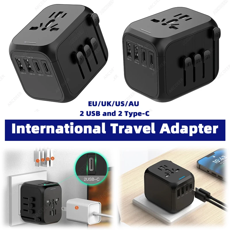 

1 шт. международный дорожный адаптер, 2 USB и 2 универсальных дорожных адаптера Type-c, быстрая зарядка, адаптер питания с интерфейсом ЕС/Великобритании/США/Австралии