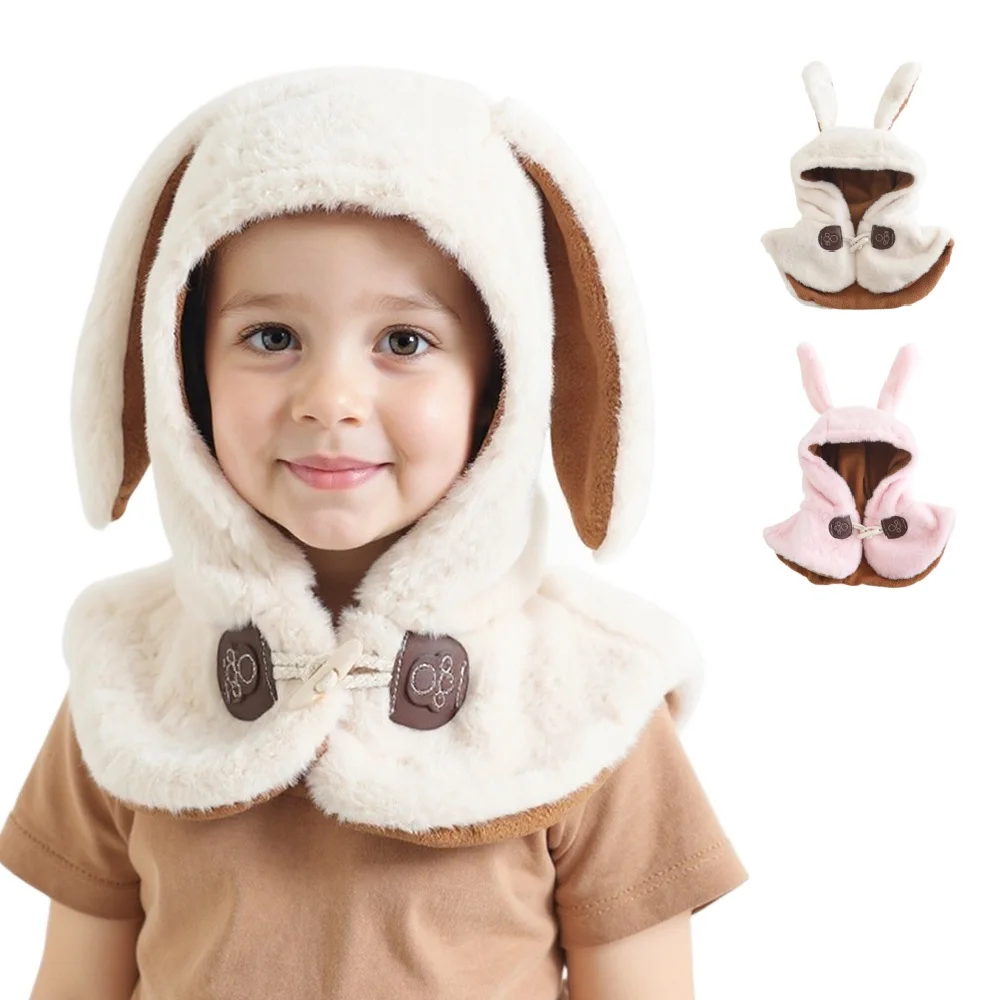 

New Plush Winter Rabbit Ear Baby One-Piece Hat Kids Warm Ear Protection Cap Girls Outdoor Windproof Hood Beanies Balaclava Hat