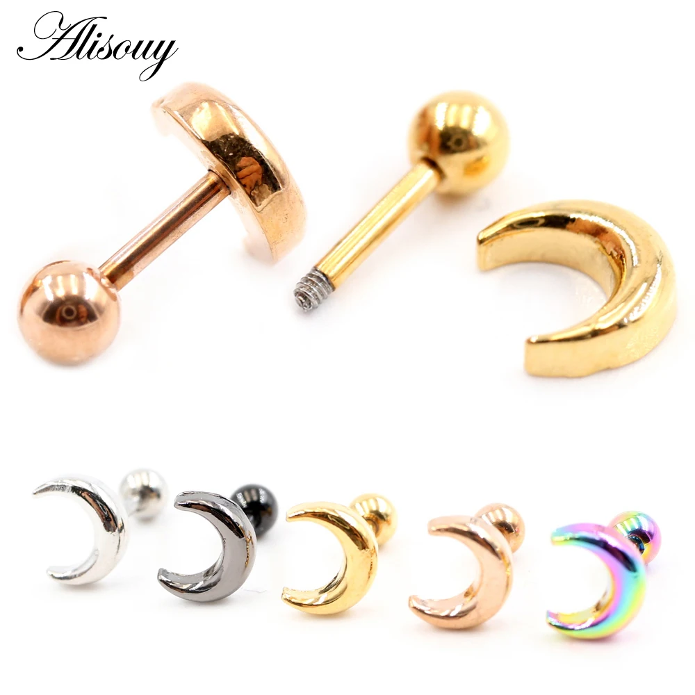 Alisouy 2PCS C Shape Moon Style Stainless Steel Ball Women Girl Men Boy Dumbbell Barbell Pierceing Stud Earrings Ear Jewelry