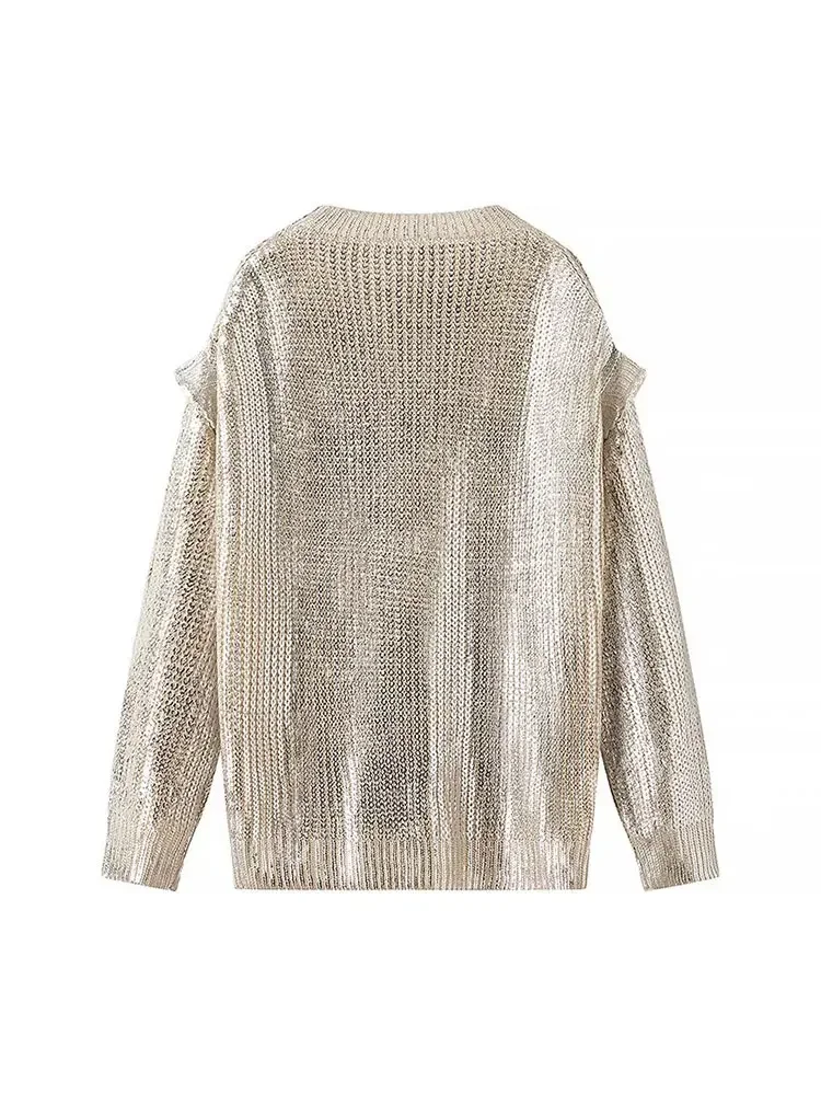 2024 Autumn Gold Foil Sweater Women Metallic Knitted Sweaters for Women Luxury Pullovers Long Sleeve Sweater Woman Jerseys