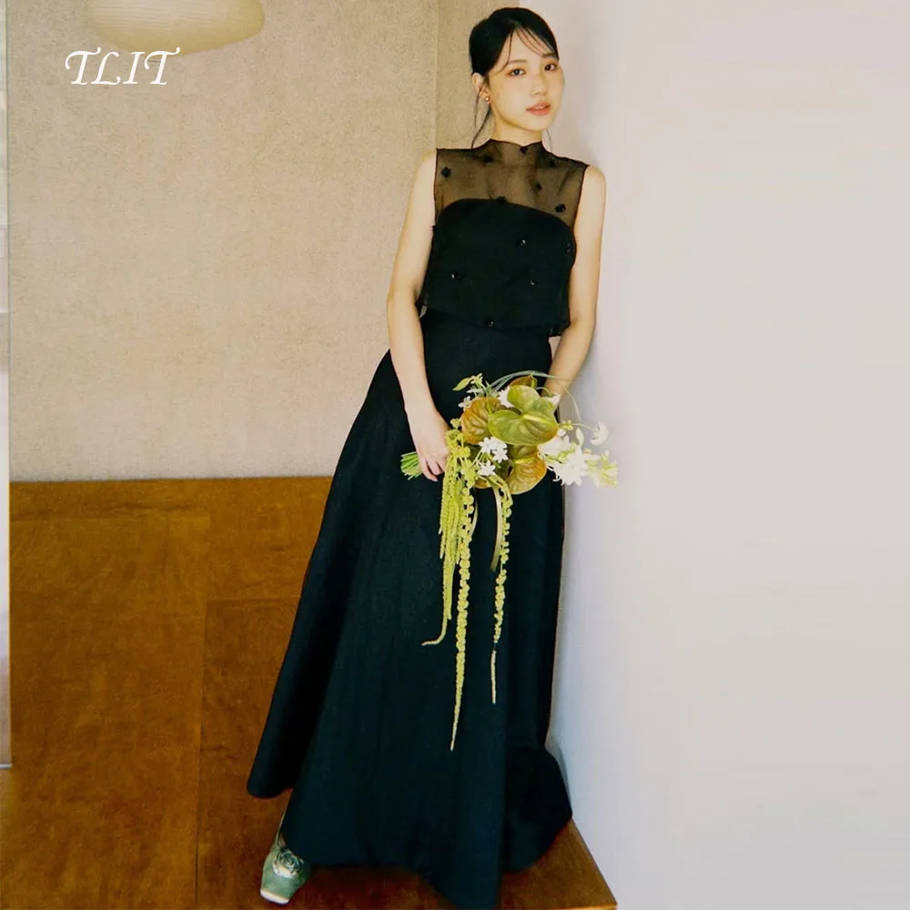 

TLIT Elegant Black Organza Satin Evening Dresses Korea Wedding Dress Photo Shoot O-Neck Sleeveless 드레스Prom Gowns Customized