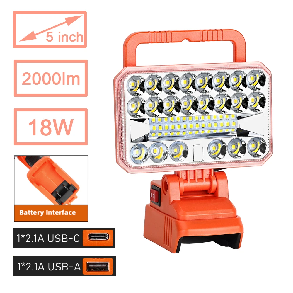 

Беспроводной светодиодный рабочий фонарь, совместимый с аккумулятором Black+Decker 20V Max, 18W 2000LM, прожектор для наружного освещения (только инструмент)