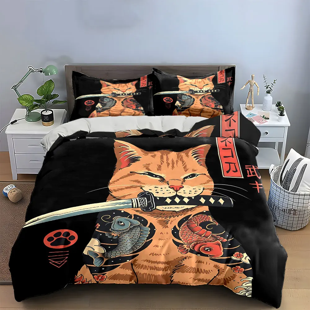 Samurai Cat Decor Set Bedding Set with 1 Duvet Cover 2 Pillowcases Single Double King Queen, Gift