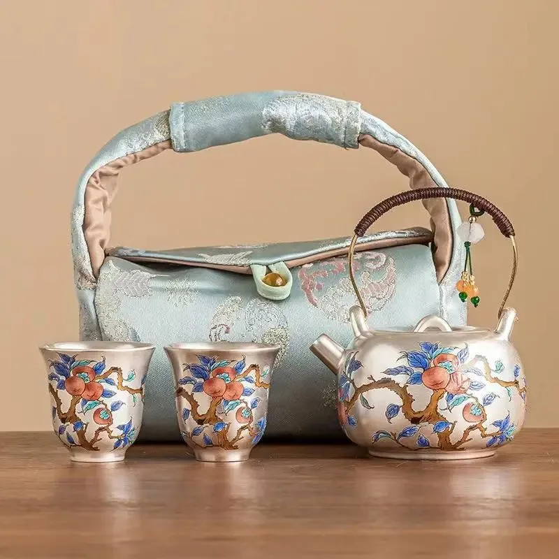 

Hand-painted 999 Silver Light Luxury KungFu Travel TeaSet Persimmon Ruyi Beam Pot Portable 1Pot 2Cup Exquisite High-end Souvenir