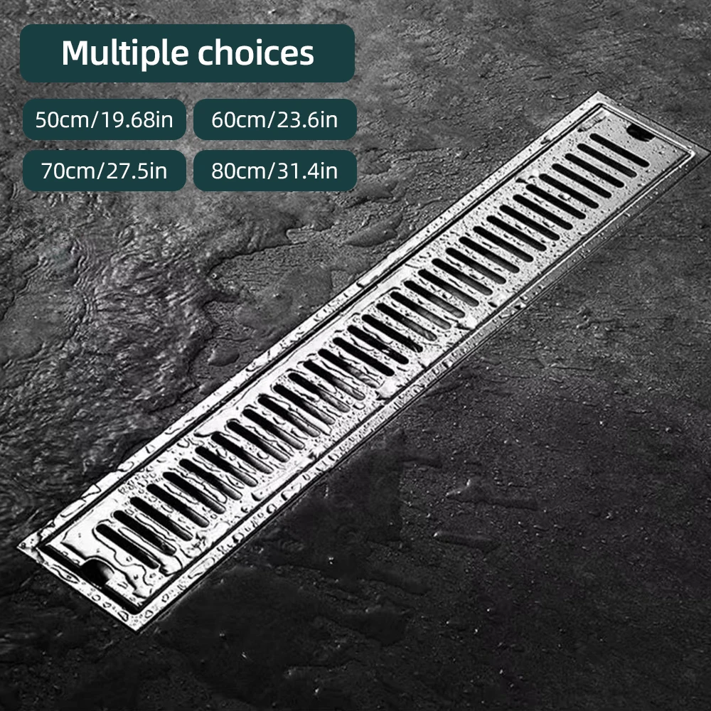 

Linear Shower Drain 31.5 Inch with Hair Strainer 3In Outlet Smell Proof Modern 304 Stainless Steel Bathroom Floor Drain