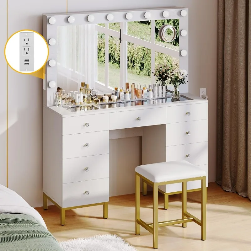 White Vanity Desk with Large Mirror, Lights and Charging Station - Large Makeup Table Set with Magnifying Glass Drawers