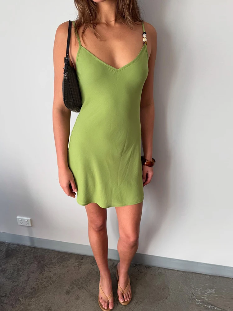 

Fantoye Sexy V-neck Mini Dress Women Green Spaghetti Strap High Waist Dress Femme Summer Slim Casual Holiday Streetwear Vestidos