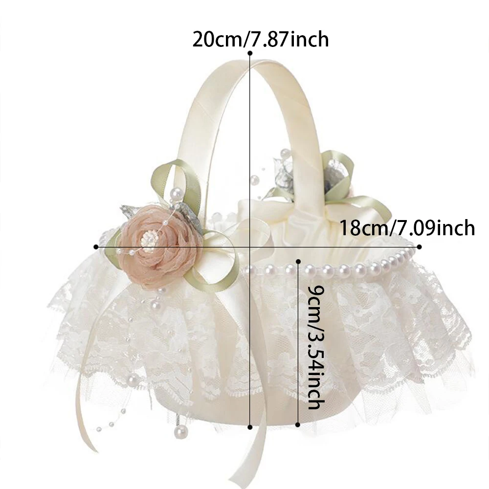 Vintage Lace Flower Girl Basket with Pearls & Satin Ribbon, Ivory Wedding Petal Basket, for Wedding Ceremony & Photo Props image 6