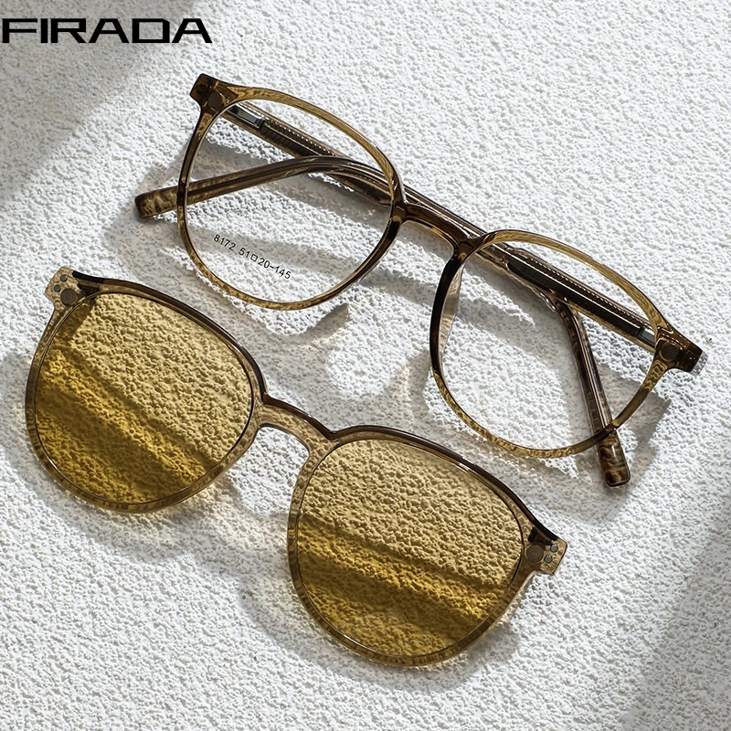 FIRADA Fashion Polarized Magnetic Glasses Women Vintage Round Eyeglasses Comfortable Prescription Eyewear Frame For Men 6072-C