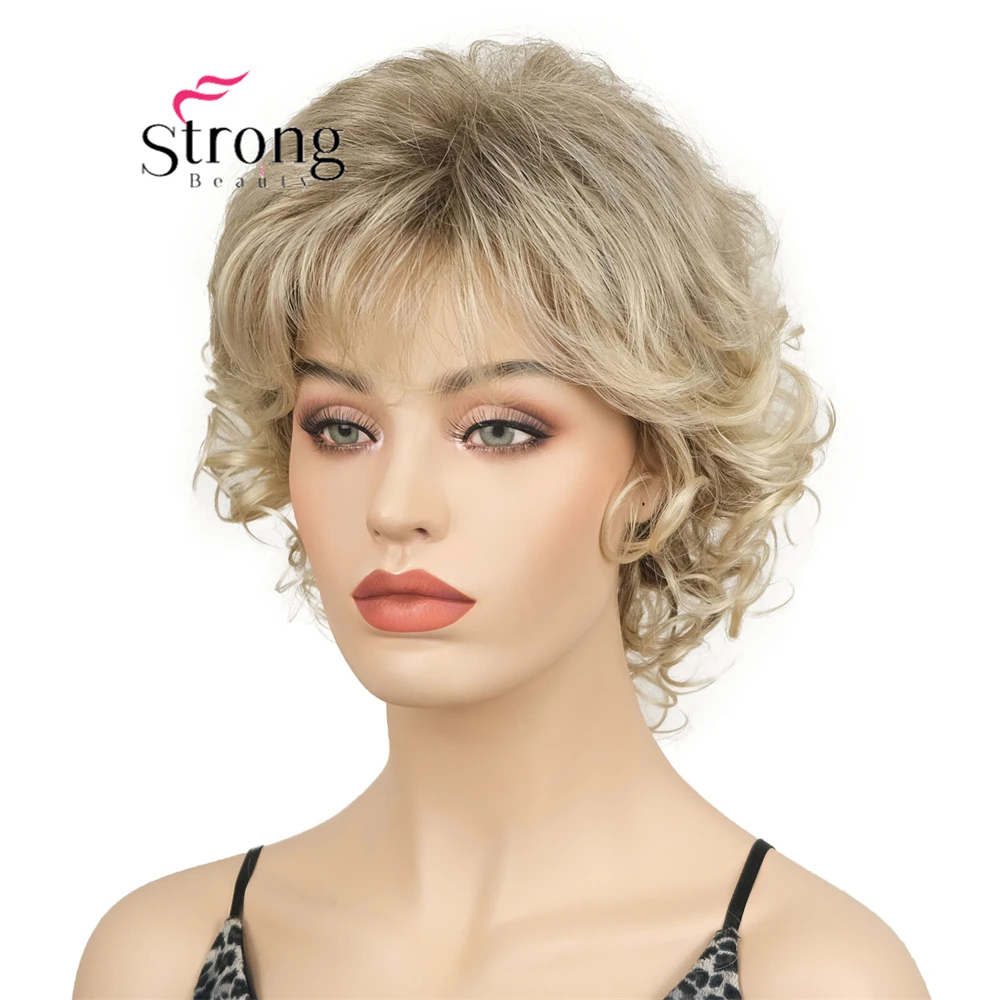 Short Blonde Curly Wigs for White Women Layered Ombre Blonde Pixie Cut Wig with Bangs Natural Looking Synthetic Full Wigs