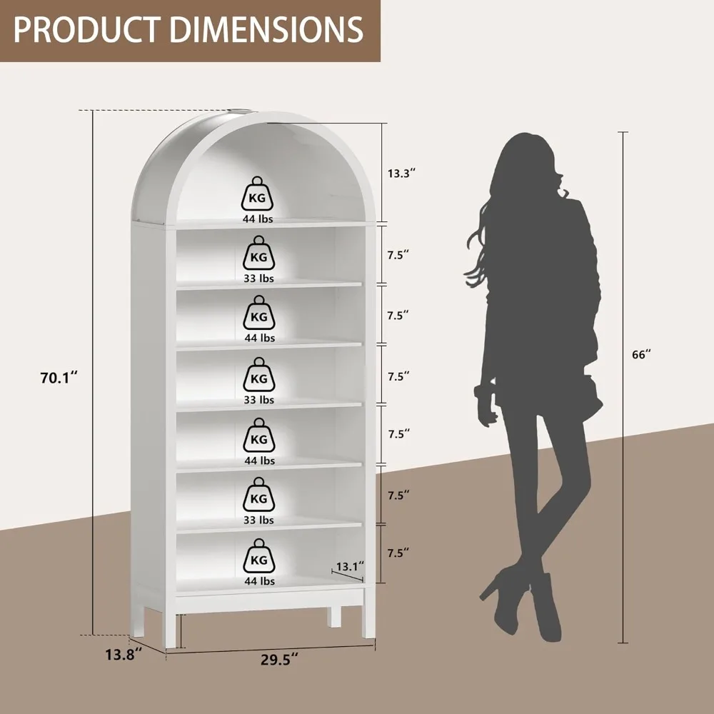 خزانة كتب مقوسة بطول 70 بوصة على طراز المزرعة الحديثة مع أرفف قابلة للتعديل لحل تخزين المدخل في غرفة المعيشة