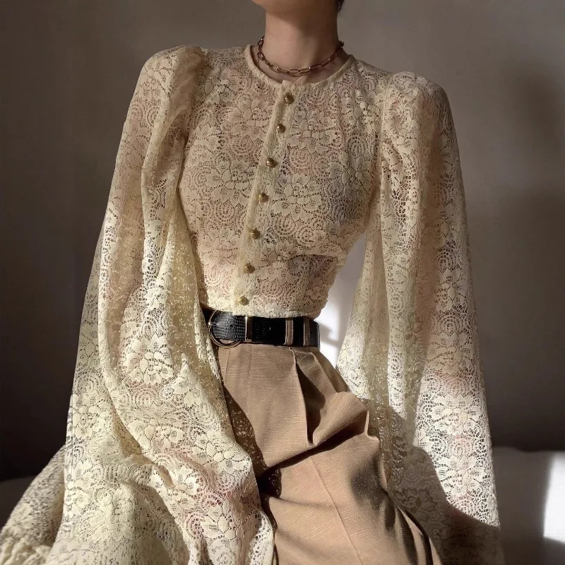 

Talenza Vintage Lace Shirt Women New Lace Hollow Out Bell Sleeve Button-up Top Elegant Luxury Party Look Female Chic Top Outfits