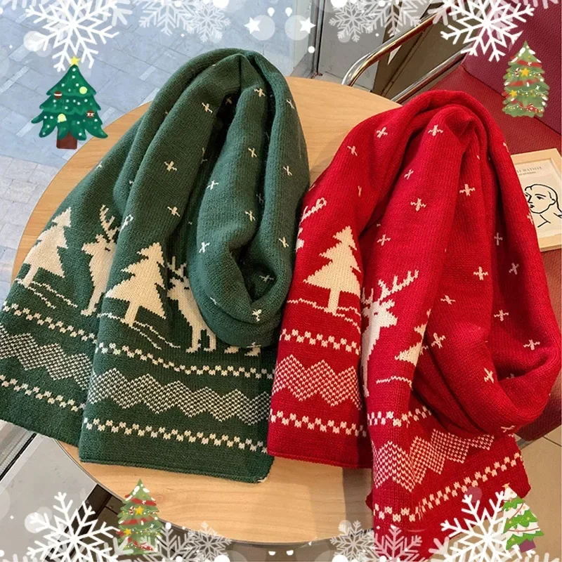 Knitted Big Christmas Scarf Winter Thicken Double-sided Warm Deer Elk Snowflake Printed Shawl Women Men Fashion Neckerchiefs