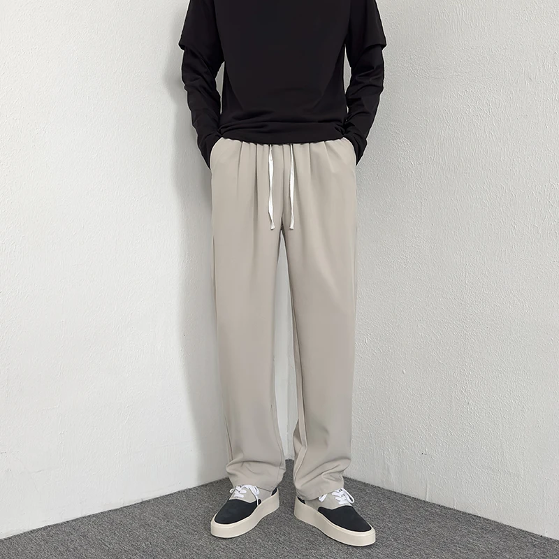 Men's Straight Casual Pants Elastic Waist Baggy Wide Leg Casual White Pants Street Drawstring Jogging Sweatpants