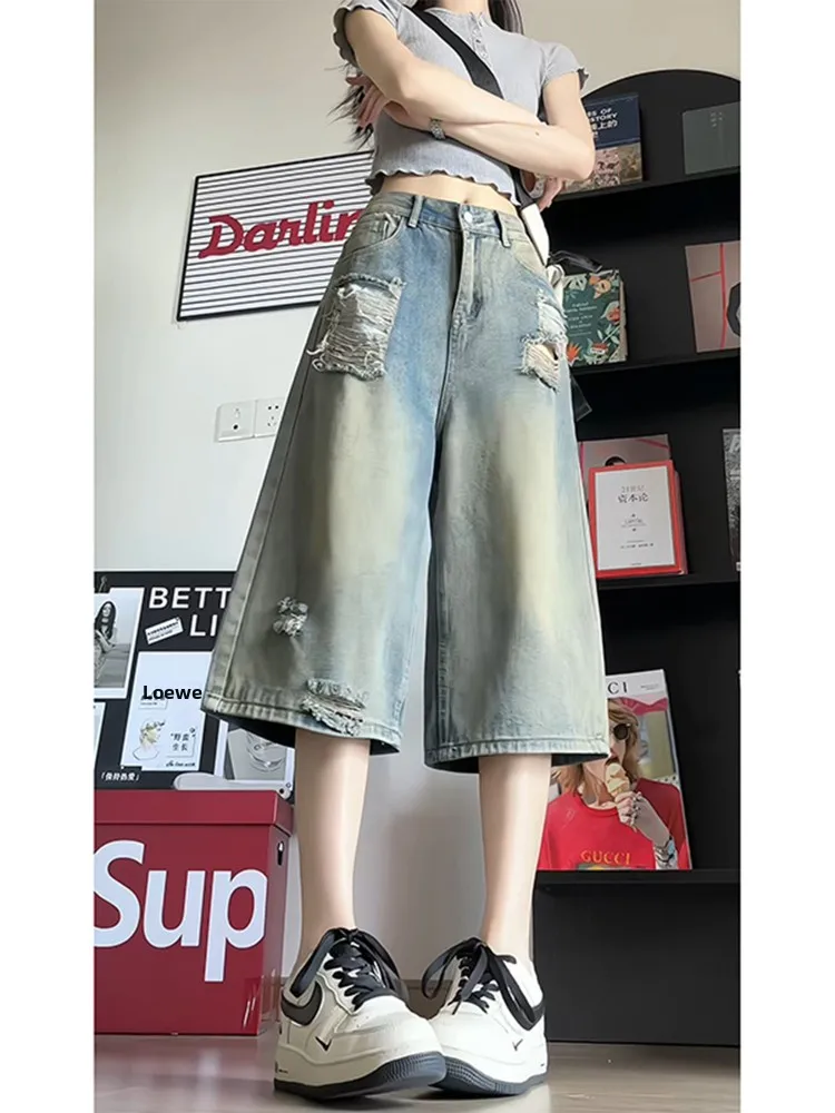 

Waed Denim Seven-Foot Men's Jeans Loose Straight Wide Leg Casual orts Tear Hole Faionable Street Sle mid Waist Cotton...