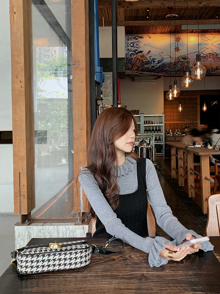 

Soft Chiffon Double Layer ay High Ne Knitted Base irt Women's Slim Fit Inner Wear Casual Sle Long Sve Daily Wear