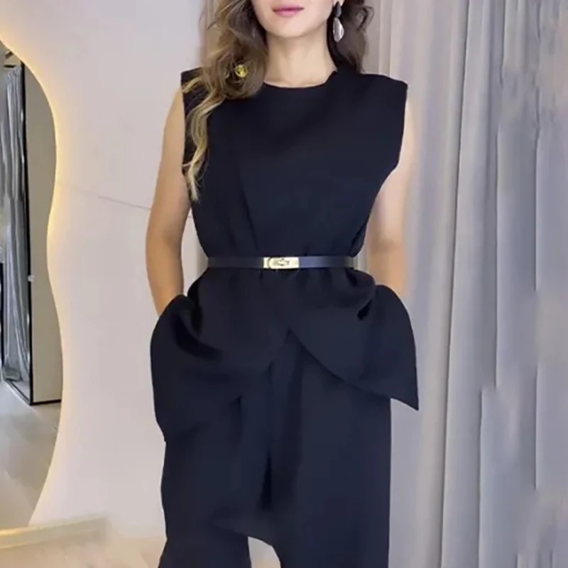 

Modigirl Women White Elegant Shirts with Belt 2025 Summer Loose Sleeveless O-neck Black Chic Split-front Urban Blouse Tops