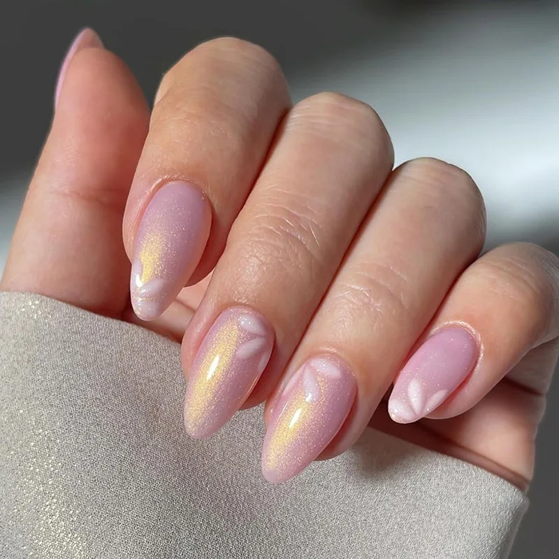 24pcs press on nails almond Aurora marble purple pink nails press ons full cover fake nails with glue acrylic false stick on