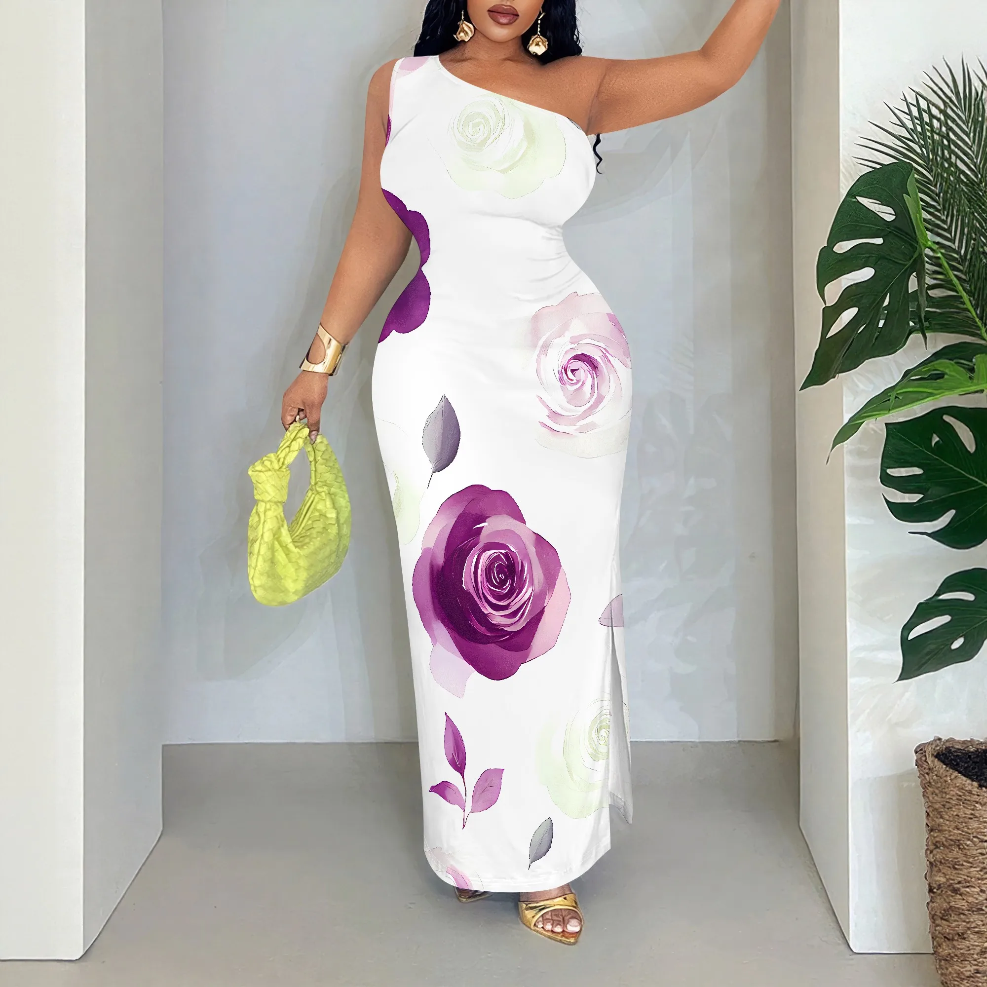 

Rose Print One Shoulder Maxi Dress, Floral Bodycon Gown, Elegant Party Evening Wear, S-2XL