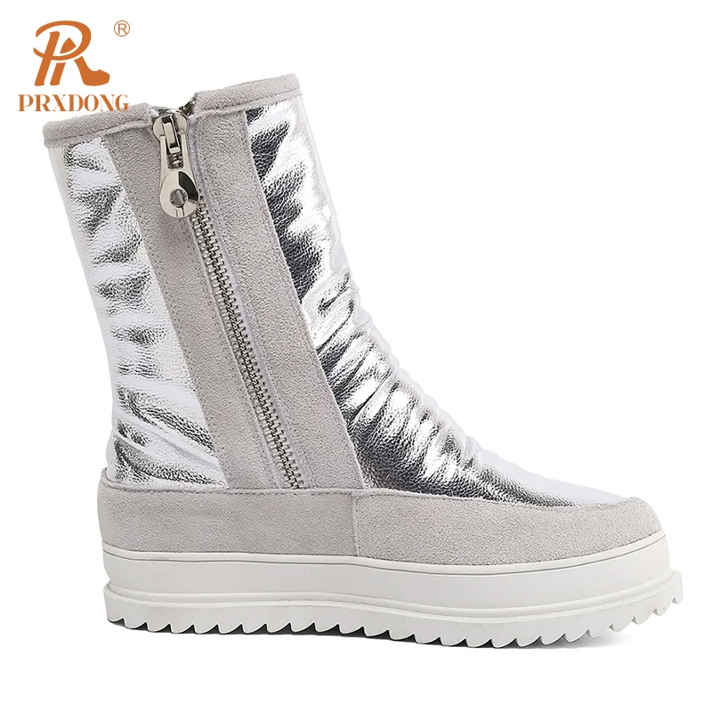 PRXDONG 2023 New Fashion Autumn WInter Warm Snow Boots Qulaity Leather Med Heels Platform Black Silver Real Fur Dress Casual 39