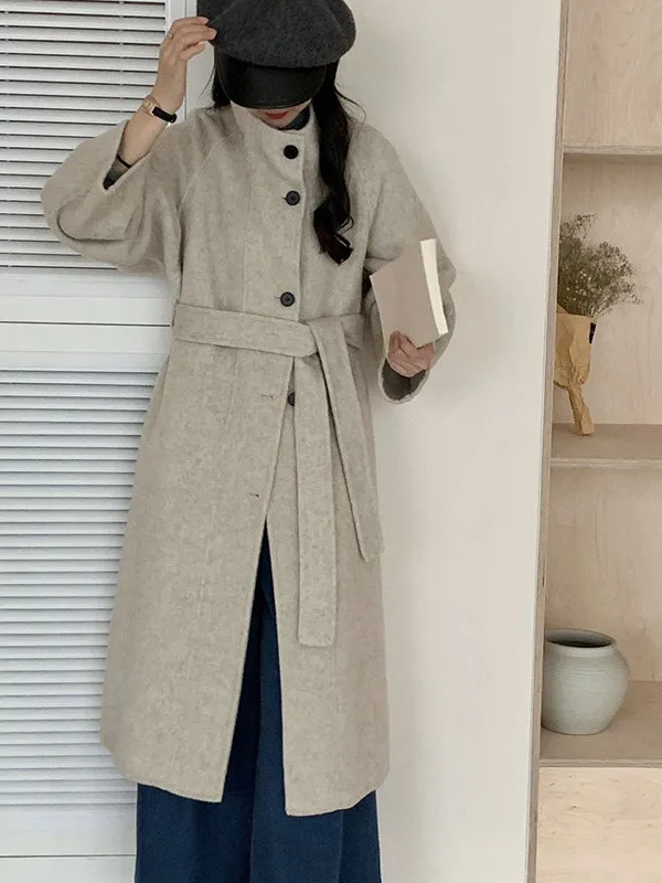 

Двустороннее кашемировое шерстяное пальто в корейском стиле с воротником-стойкой, свободного кроя, средней длины, женское, осенне-зимнее, новинка