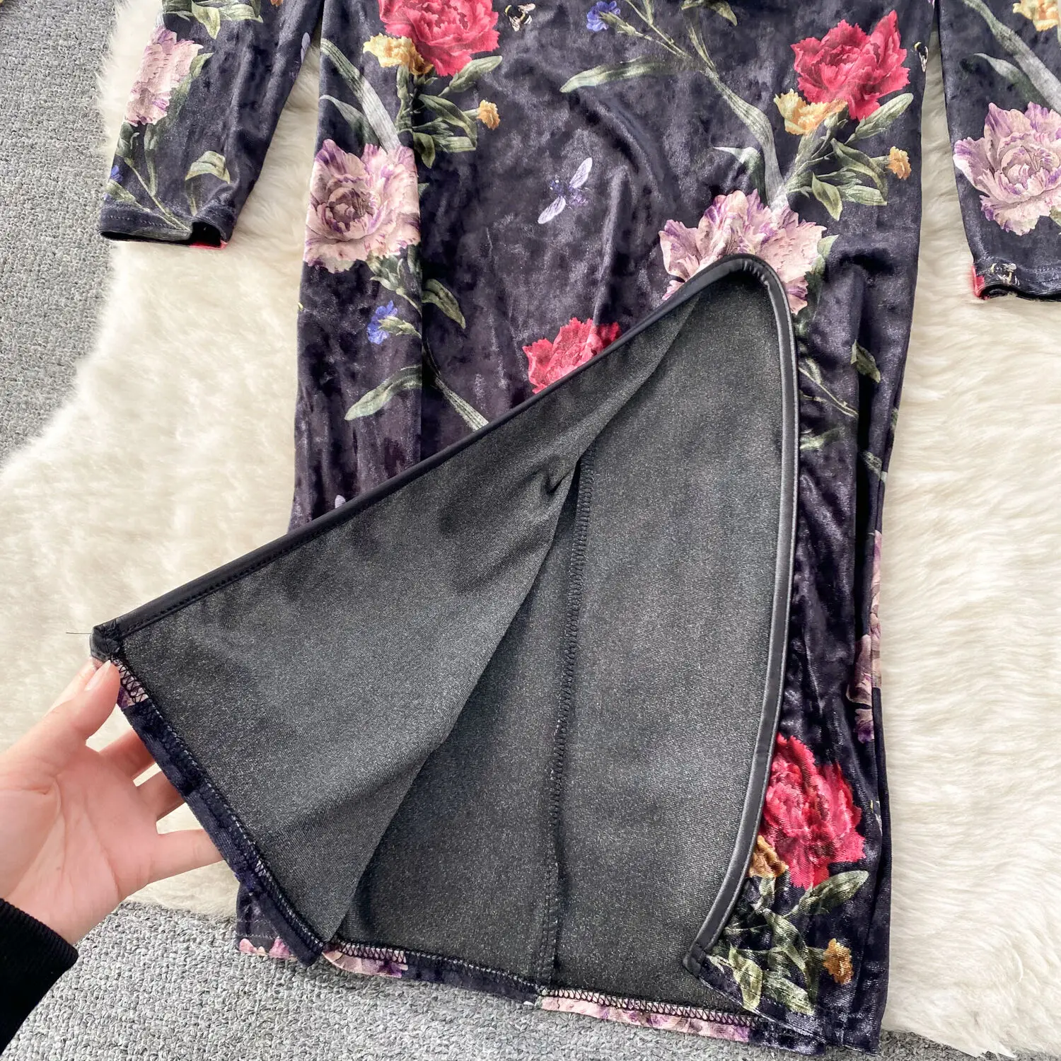 Foamlina nouveauté Robe en velours à fleurs coupe ajustée à manches longues haute fente Robe de soirée Style chinois découpe Robe Midi