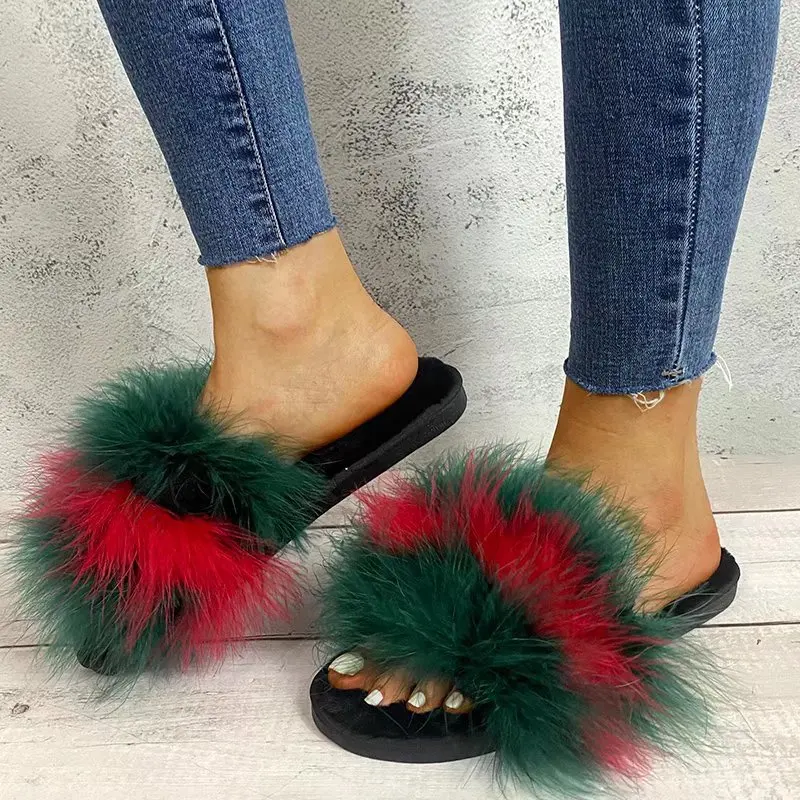 

2024Red green color contrast Fashion Versatile Real Fox Fur Grass Slippers Popular on the Internet Going Out