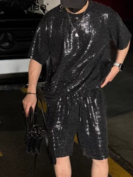Men's 2024 Summer Trendy Male Short Sleeve Tops Sequin Personality Design Short Sets Loose Casual Versatile Sports Two-Piece Set