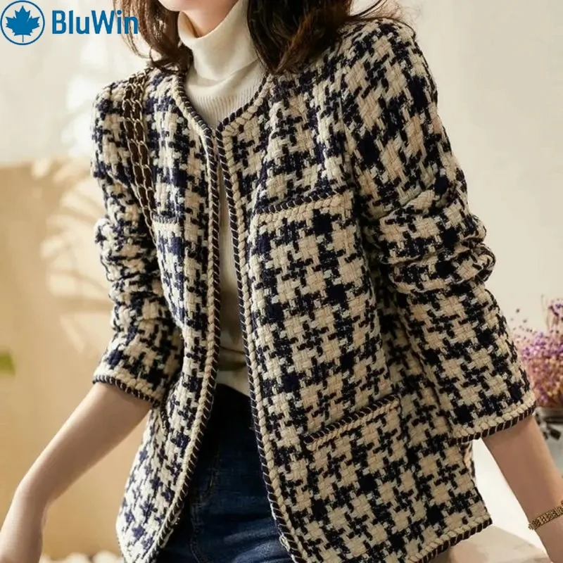 BluWin Classic Checkered Tweed Jacket – Elegant Contrast Trim for a Timeless, Chic Look