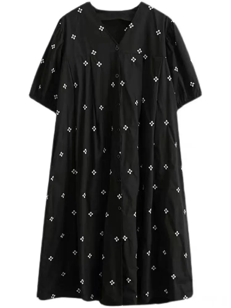 루즈핏 자수 코튼 버블 슬리브 브이넥 맥시 드레스 여성 플러스 사이즈 여름 슬리브리스 한국 버전 A라인...