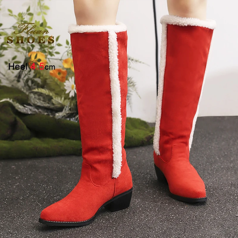 

Plus Size 43 Red Suede Christmas Shoes 4.5CM Block Heels Winter Knee-high Boots For Women Santa Claus Party Shoes Botas Mujer