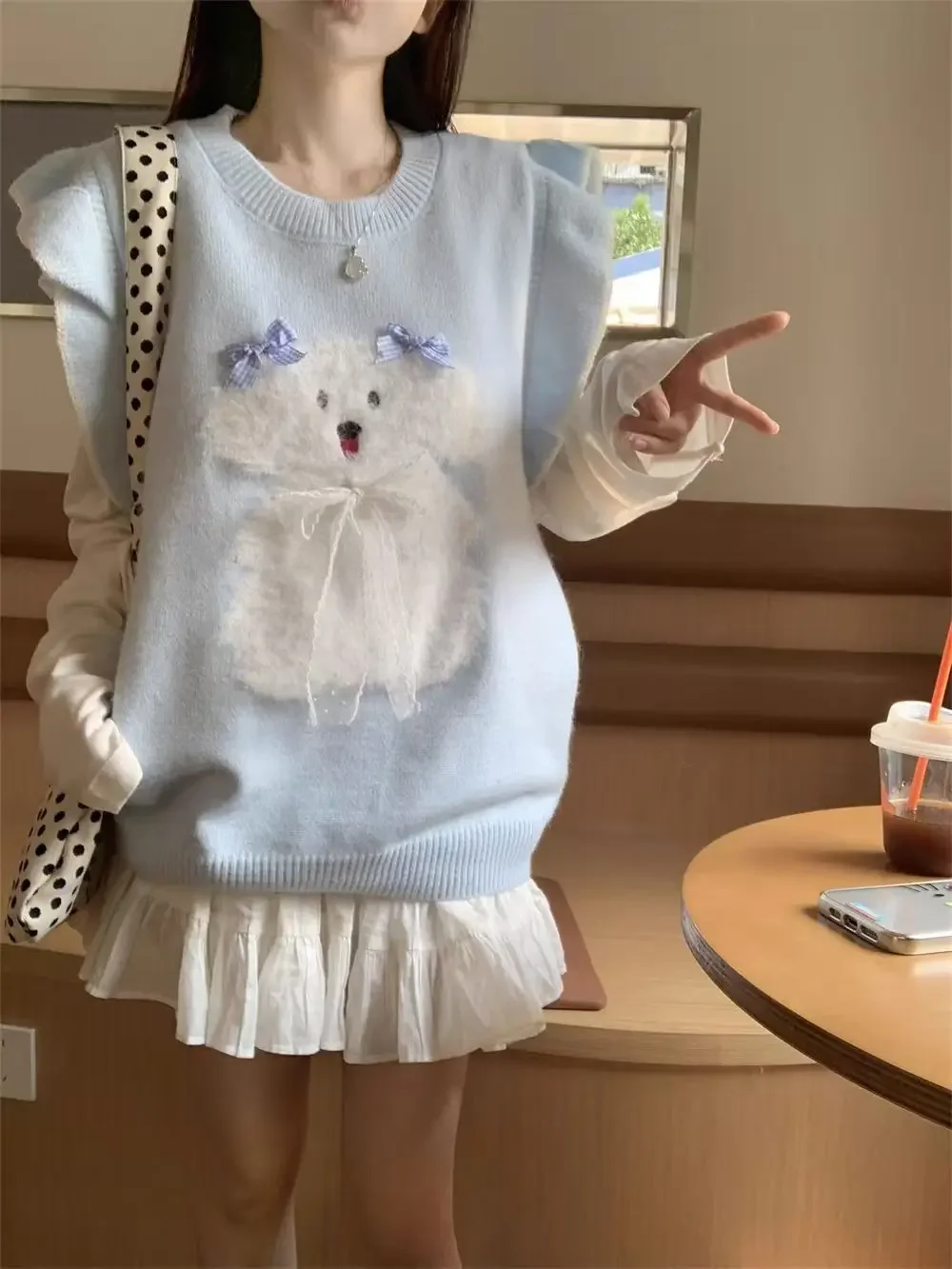 الكرتون الكلب القوس الجاكار الكشكشة كم سترة سترة المرأة الأزرق أكمام نمط Preppy سترة محبوكة غير رسمية المرأة ربيع الخريف