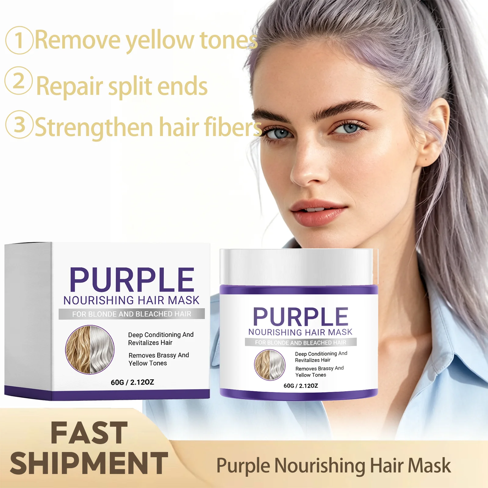 Purple Nourishing Hair Mask Revitalizes Hair Removes Brassy Yellow Tones Repair Damaged Split Ends Anti‑Breakage Deep Care 60g