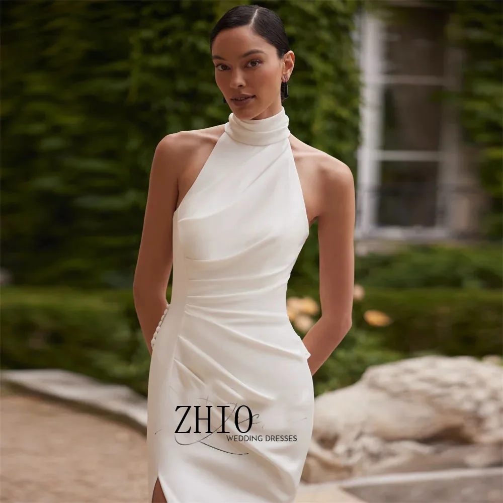 

ZHIO элегантное свадебное платье русалки с высоким воротником и складками, простое женское свадебное платье с открытой спиной и высокими боковыми разрезами на пуговицах по индивидуальному заказу