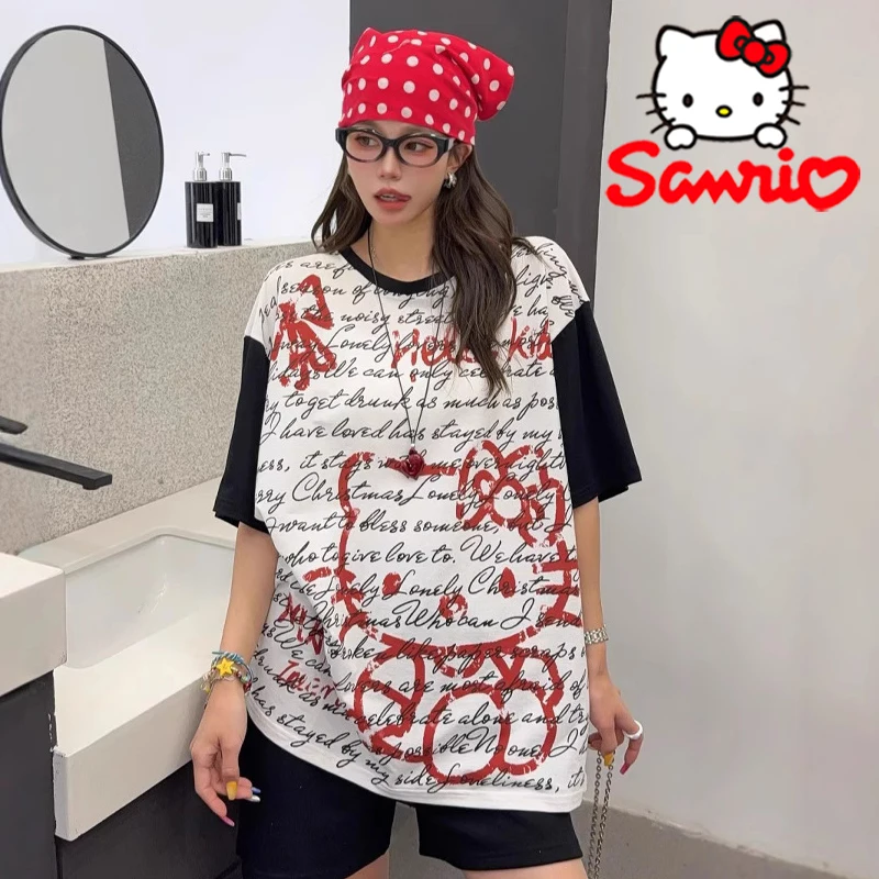 

Sanrio Hello Kitty T-shirt Cartoon Creative Women's Retro Graffiti Top Y2K Fashion Street Hip Hop Loose Round Neck Short Sleeves