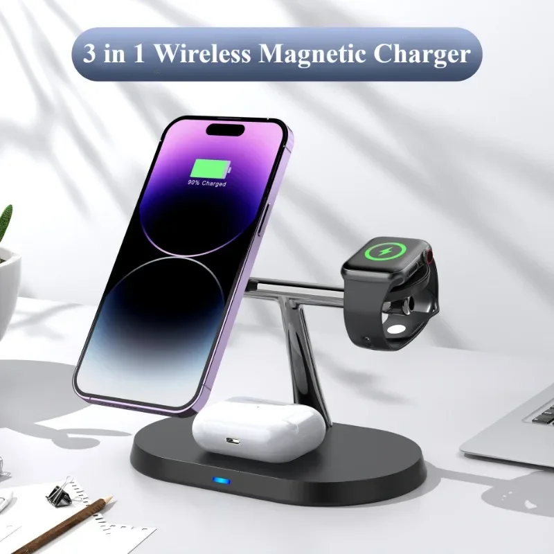 1 Pcs 3 in 1 Wireless Charger, Desktop Fast Charging Station, 15W Charger Stand Support Cell Phone/Headphone/Watch