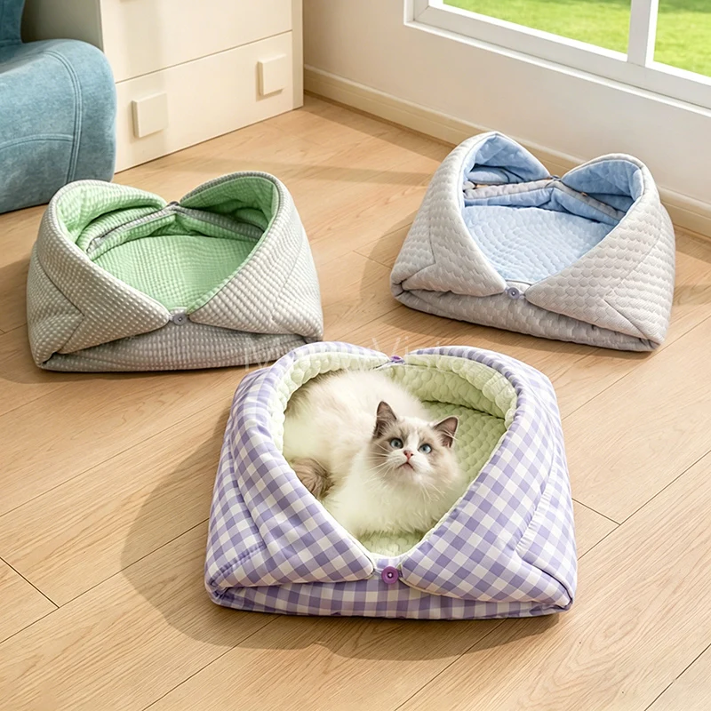 

Semi-enclosed Foldable Cooling Cat Cave Washable Breathable Ice Fabric Pet Bed for Cats Small Dogs Multi-Functional Pet Cushion